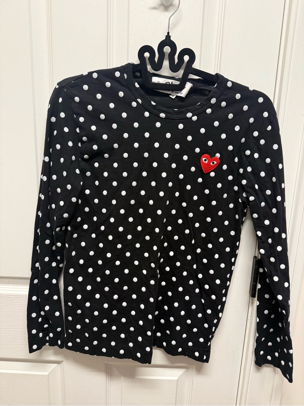 Comme des Garcons PLAY Black Polka Dot Long-Sleeve Top with Red Heart Patch